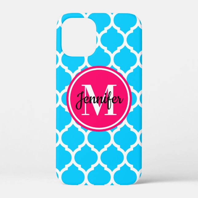 Hot Pink und Bright Aqua Trellis Monogramm Case-Mate iPhone Hülle (Rückseite)