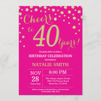 Hot Pink und Gold 40. Geburtstag Diamant Einladung