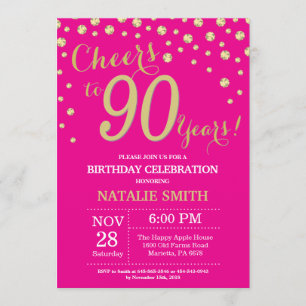 Hot Pink und Gold 90. Geburtstag Diamant Einladung