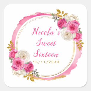 Hot Pink und Gold Elegante Blume 16 . Geburtstag Quadratischer Aufkleber