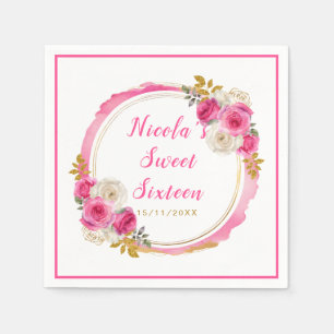 Hot Pink und Gold Elegante Blume 16 . Geburtstag Serviette