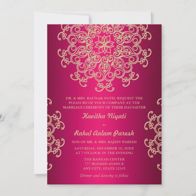 HOT PINK UND GOLD INDIAN STIL WEDING INVITATION EINLADUNG (Vorderseite)