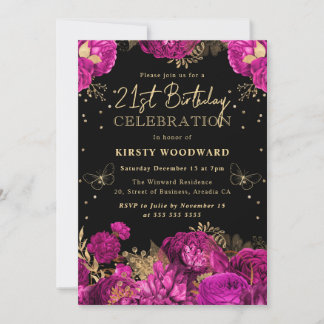 Hot Pink und Gold Rose Floral 21. Geburtstag Einladung