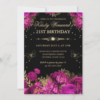 Hot Pink und Gold Rose Floral 21. Geburtstag Einladung