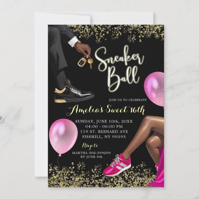 Hot Pink und Gold Sneaker Ball Sweet 16 Birthday Einladung (Vorderseite)