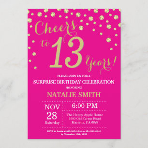 Hot Pink und Gold Überraschung 13. Geburtstag Diam Einladung