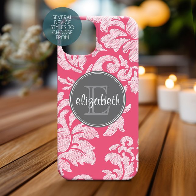 Hot Pink und Grau Khalkboard Damask mit Monogram Case-Mate iPhone Hülle (Personalized Phone Case with Monogram)