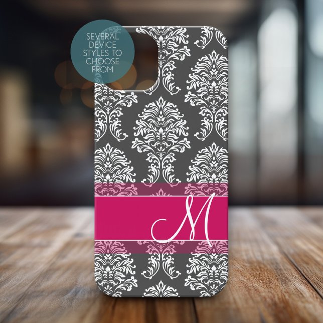 Hot-Pink- und Kohle-Damaskus-Muster mit Monogramm Case-Mate iPhone Hülle (Personalized Phone Case with Huge Monogram)