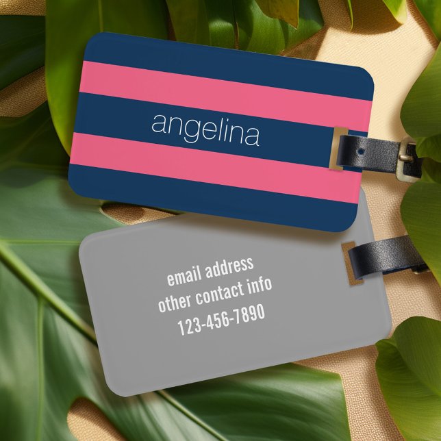 Hot Pink und Marine Moderne Rugby Streifen mit Nam Gepäckanhänger (Personalized luggage tag - modern stripes)