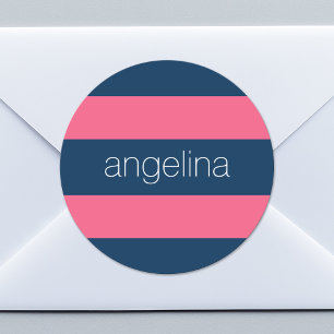 Hot Pink und Marine Moderne Rugby Streifen mit Nam Runder Aufkleber