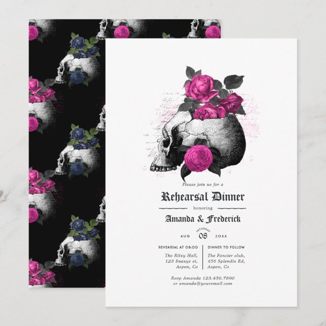 Hot-Pink und Navy Blue Gothic Probe Dinner Einladung (Vorne/Hinten)