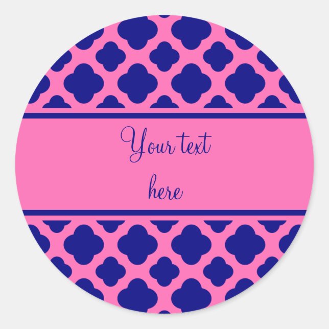 Hot Pink und Navy Blue Quatrefoil Pattern Runder Aufkleber (Vorderseite)