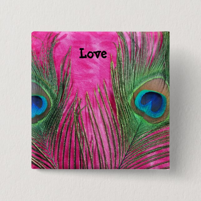 Hot Pink und Peacock Feathers Button (Vorderseite)