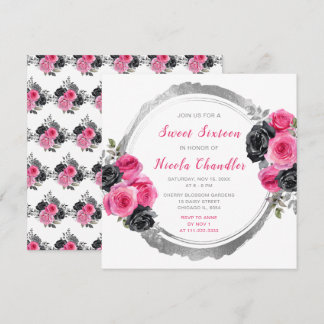 Hot Pink und Silver Elegante Blume 16 . Geburtstag Einladung