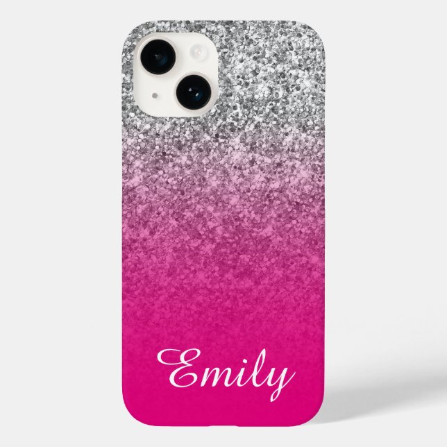 Hot Pink und Silver Glitzer Ombre Personalisiert Case-Mate iPhone Hülle (Rückseite)