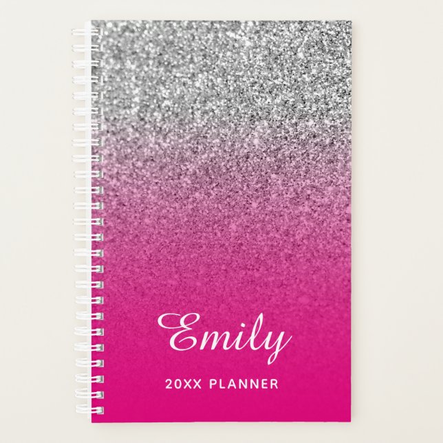 Hot Pink und Silver Glitzer Ombre Personalisiert Planer (Vorderseite)