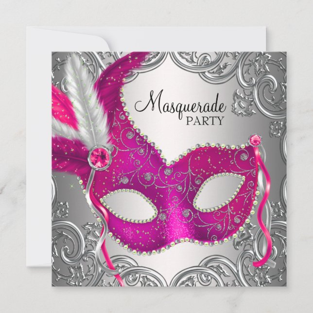 Hot Pink und Silver Mask Masquerade Party Einladung (Vorderseite)