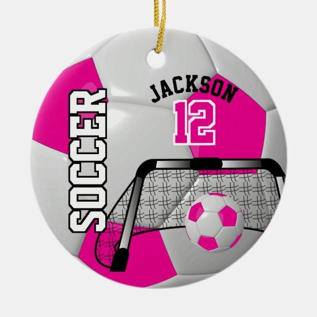 ⚽ Hot Pink und Weiß personalisieren Fußball Keramikornament (Vorne)