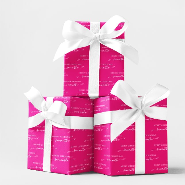 Hot Pink und White Frohe Weihnachten Niedlich Bow  Geschenkpapier Set (Hot Pink and White Merry Christmas Cute Bow Name Wrapping Paper Sheets)