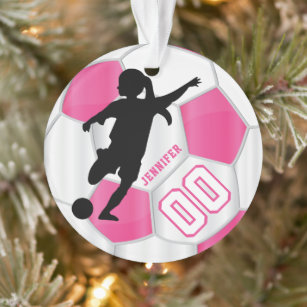 Hot Pink und White Personalize Girl Soccer Player Ornament