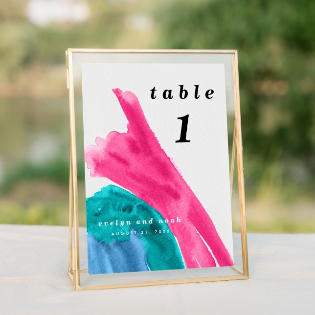 Hot Pink Wasserfarbe Tischnummer (Bright vibrant watercolor wash in hot pink and turquoise wedding suite modern table number sign.)