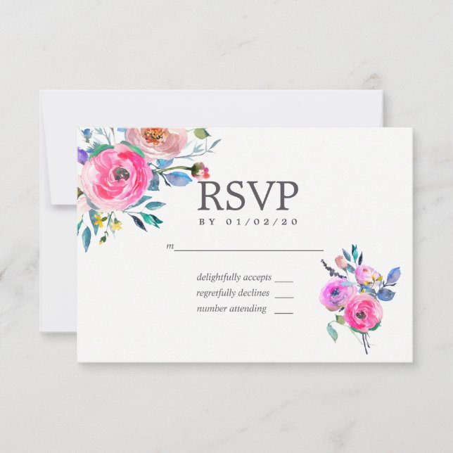 Hot-Pink Watercolor Floral Wedding RSVP (Vorderseite)