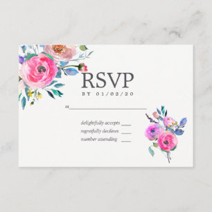 Hot-Pink Watercolor Floral Wedding RSVP Karte