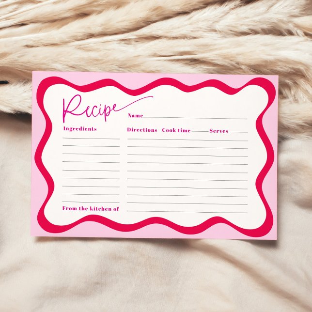 Hot Pink Wavy Border Brautparty Rezept Card Einladung (Hot pink wavy border recipe card for bridal shower)