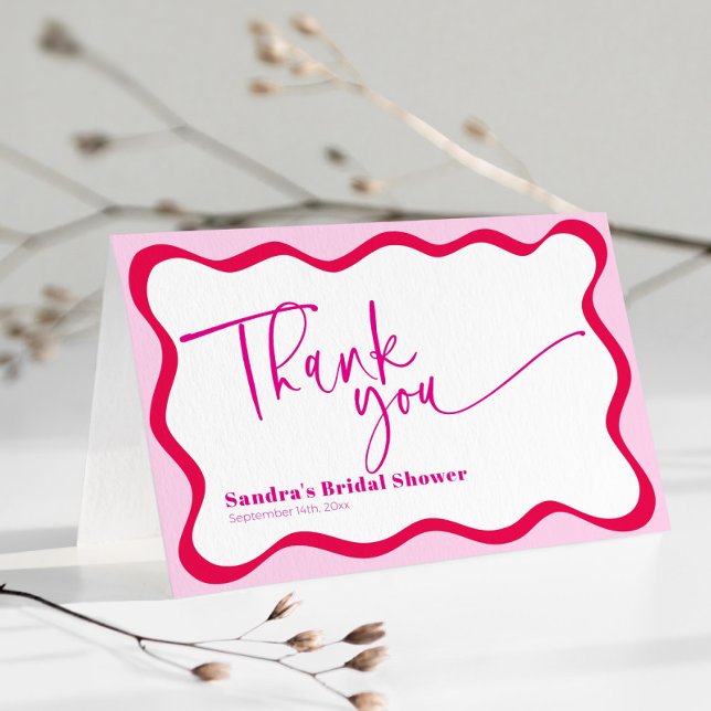 Hot Pink Wavy Border Brautparty Vielen Dank Dankeskarte (Hot pink wavy border folded thank you card for Bridal Shower)