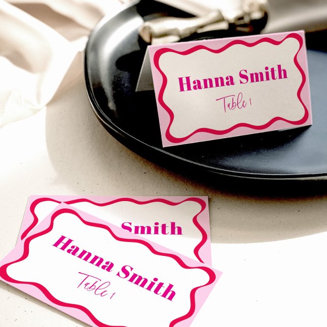 Hot Pink Wavy Border Bridal Name Sitzplatz Platzkarte (Hot pink wavy border name cards for table seating)