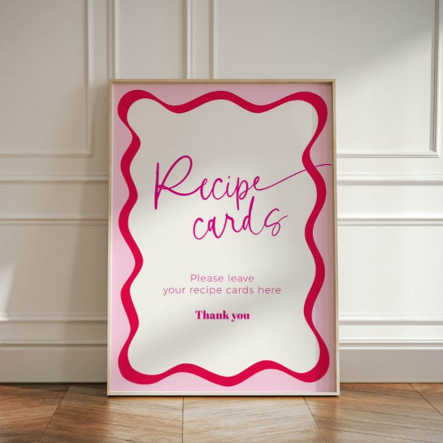 Hot Pink Wavy Border Farbenfrohe moderne Rezeption Sockelschild (Recipe cards sign with hot pink wavy border design)