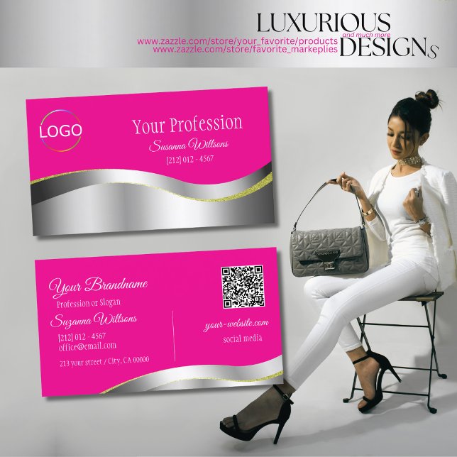 Hot Pink Wavy Silver Deco mit Logo und QR Code Visitenkarte (Von Creator hochgeladen)