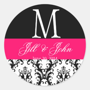 Hot Pink Wedding Monogram Date Damask Siegel Runder Aufkleber