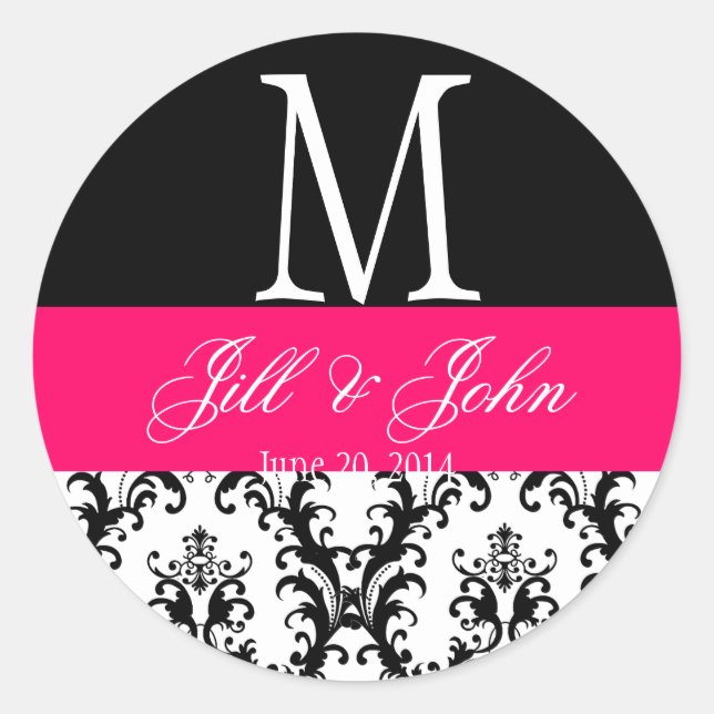 Hot Pink Wedding Monogram Date Damask Siegel Runder Aufkleber (Vorderseite)