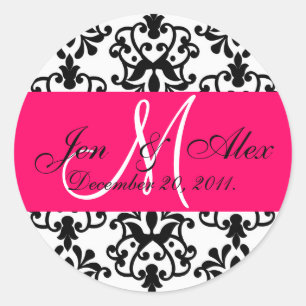 Hot Pink Wedding Monogram Names Date Paisley Siege Runder Aufkleber