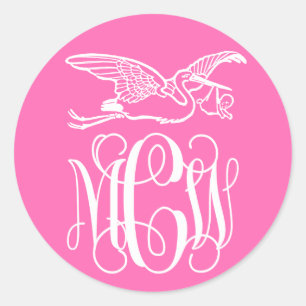 Hot Pink Whine Monogram Schriftart Stork Baby DIY  Runder Aufkleber