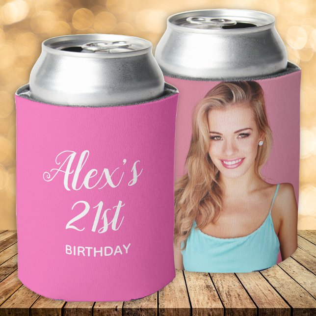 Hot Pink White 21. Geburtstag Name Foto Dosenkühler (Hot pink 21st birthday party photo can cooler)