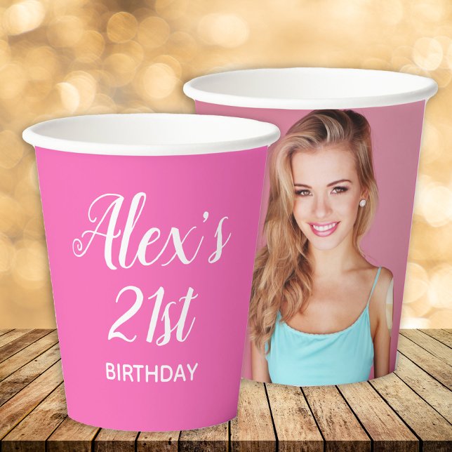 Hot Pink White 21. Geburtstag Name Foto Pappbecher (Pink birthday party photo paper cups)