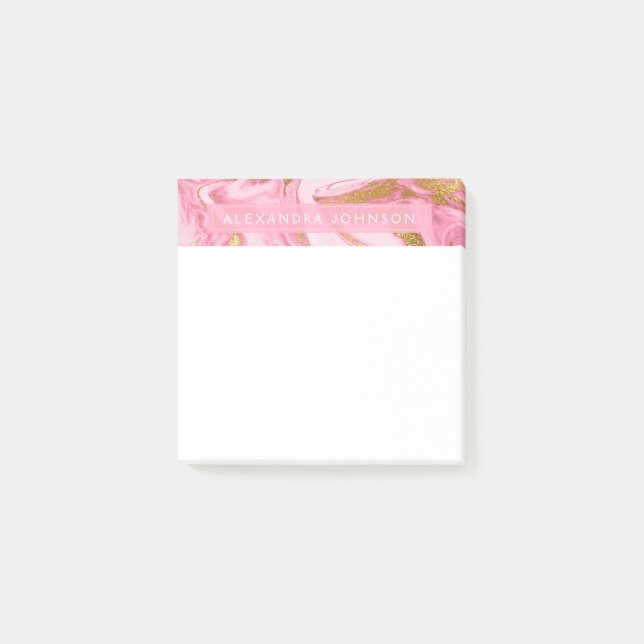 Hot Pink, White and Gold Foil Moderner Marmor Post-it Klebezettel (Vorderseite)