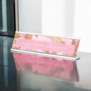 Hot Pink, White and Gold Foil Moderner Marmor Schreibtischnamensplakette