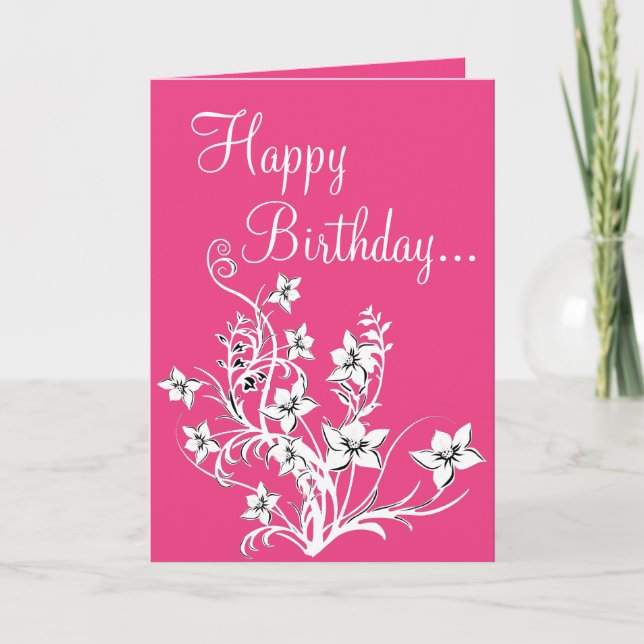Hot Pink White & Black Floral Happy Birthday Card Karte (Vorderseite)