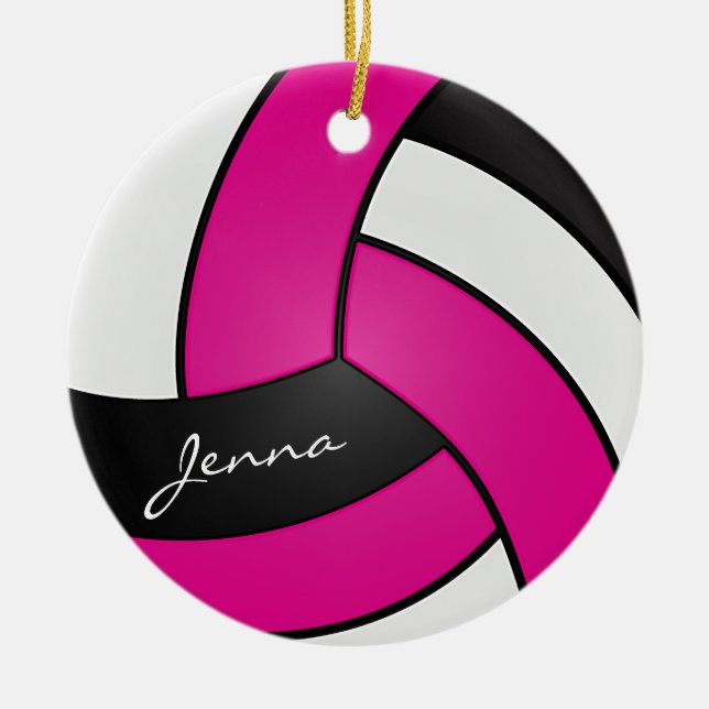 Hot Pink, White & Black Personalize 🏐 Keramik Ornament (Vorne)