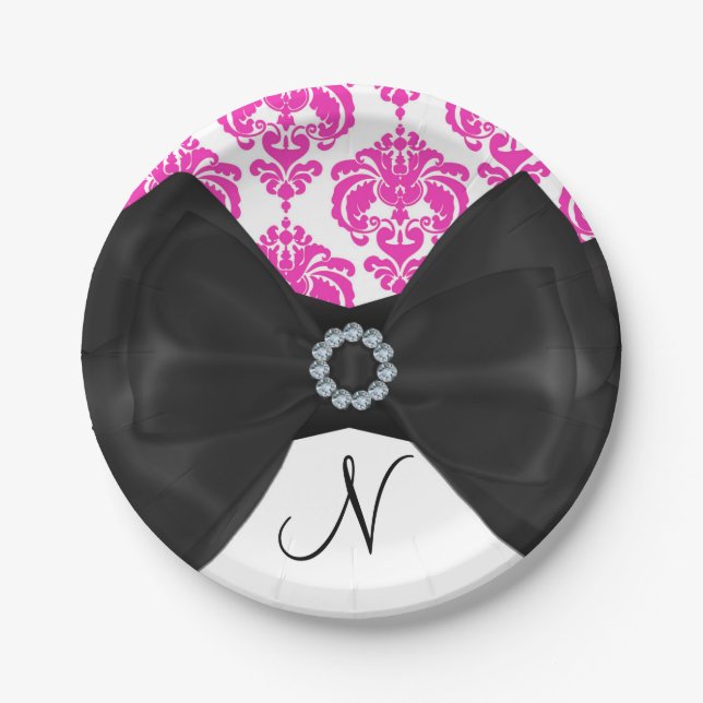 Hot Pink & White Damask Bling Bow Sweet 16 Party Pappteller (Vorderseite)