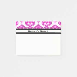 Hot Pink White Damask Muster Modernes Personalisie Post-it Klebezettel