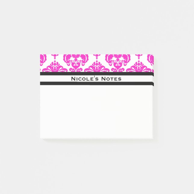 Hot Pink White Damask Muster Modernes Personalisie Post-it Klebezettel (Vorderseite)