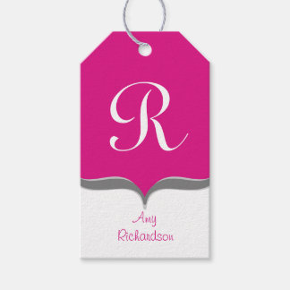 Hot Pink White Gray Monogram Name Gift Tags Geschenkanhänger