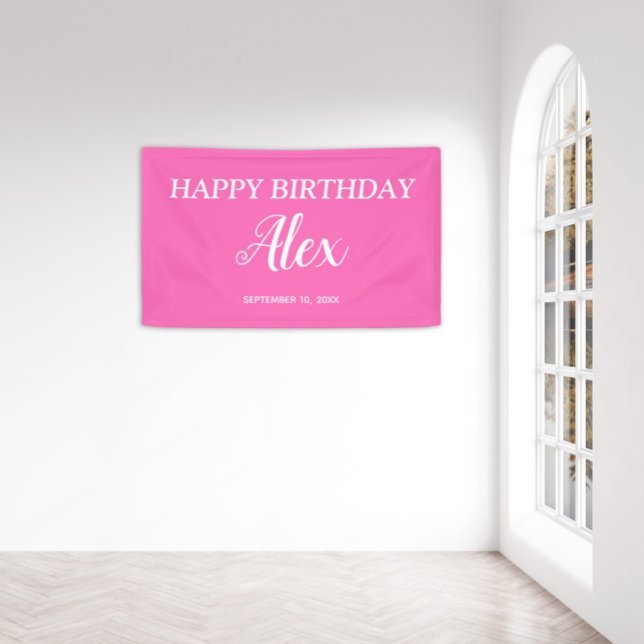 Hot Pink White Happday Name Date Banner (Hot pink and white custom birthday party banner)