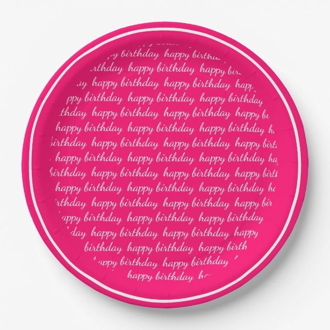 Hot Pink White Happy Birthday Script Typografie Pappteller (Vorderseite)