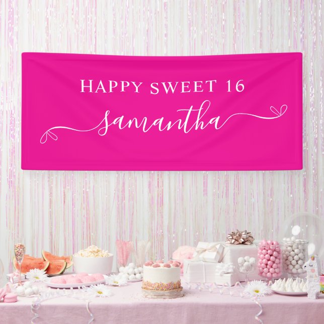 Hot Pink White Happy Sweet 16 Niedlich Bow Signatu Banner (Party)