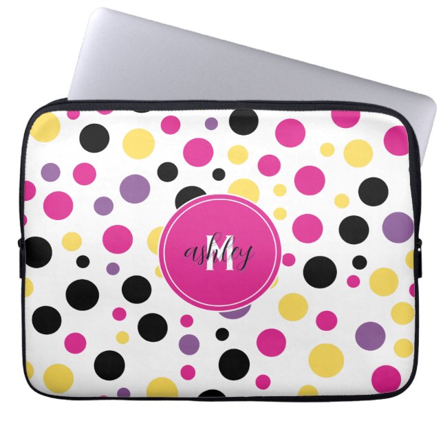 Hot Pink White Monogram Polka Dots Laptopschutzhülle (Vorderseite)